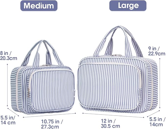 Narwey Striped Travel Toiletry Bag for Women Large Hanging Makeup Bag Organizer Toiletries Bag for Full Size Essentials Accessories Cosmetics (Greyish Blue Stripe (Large)) - Image 2