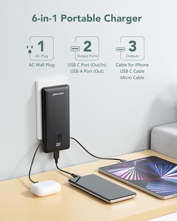 charmast Portable Charger Power Bank 10000mAh with Built-in AC Wall Plug | Built-in Cables,5 Outputs,Flight-Safe,Slim Travel Phone Charger for iPhone 17 14,Samsung Galaxy,iPad,Android,Smartwatch,etc - Image 2