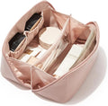 EACHY Travel Makeup Bag for Women, PU Leather Cosmetic Bag, Pink, Medium | Water-resistant PU leather exterior with flat-open access, clear TPU brush compartment and organized storage for cosmetics by EACHY