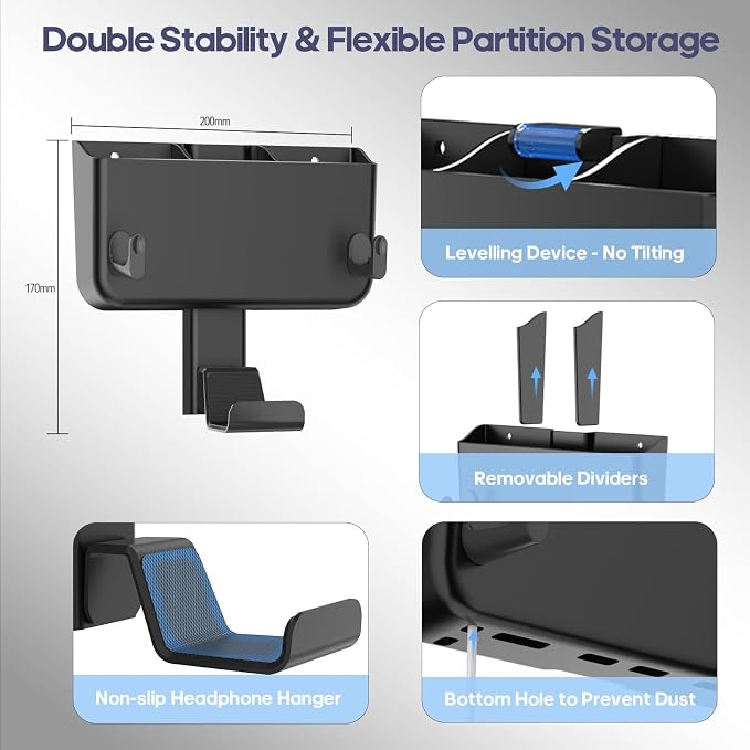 Kytok Adhesive Remote Control Holder Wall Mount with Headset Hanger, 3 in 1 Organizer TV/Fan Remote Caddy with Hook for Headphone, No Drill Controller Storage Bracket, Bed Wall Rack - Image 2