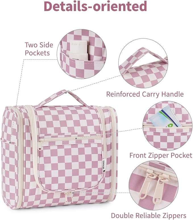 Narwey Checkered Hanging Travel Toiletry Bag for Women, Travel Bag for Toiletries, Makeup Bag Organizer Cosmetic Bags Make Up Bags for Women (Dusty Rose Checkerboard) - Image 6