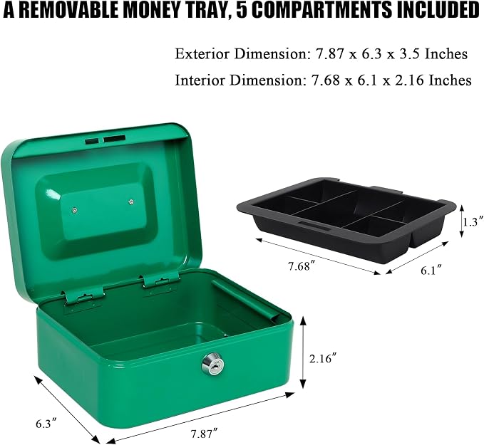 Jssmst Medium Cash Box with Key Lock - Durable Metal Cash Box with Money Tray, Green, Medium - Image 2