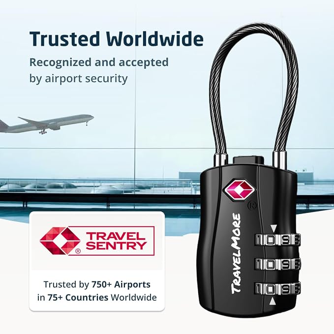 TSA Approved Luggage Locks, Travel Combination Cable Locks | TSA Accepted, Easy to Use, Durable, Flexible Steel Cable, Zinc Alloy Body, for Suitcases, Backpacks, Zippers, 2-Pack, Black - Image 5