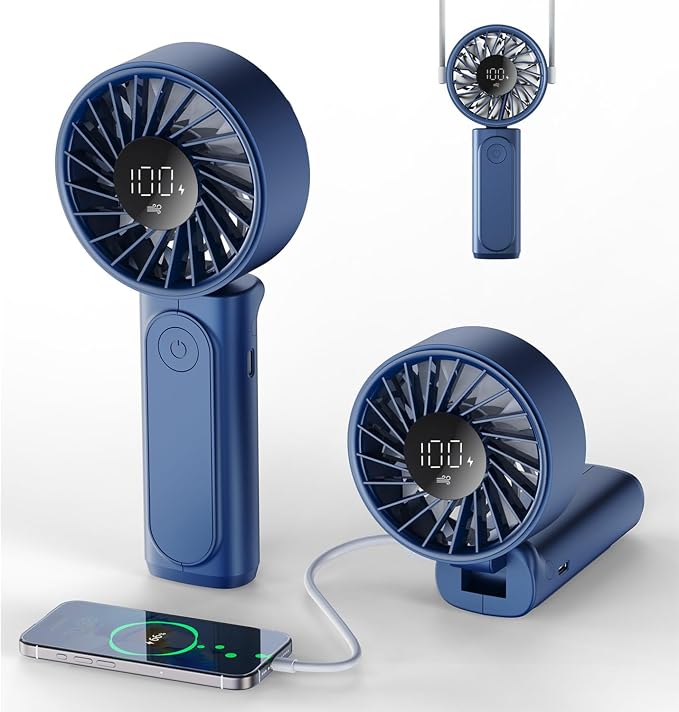 Handheld Fan, Portable Fan, 4000mAh Rechargeable Personal Fan, 180° Foldable Mini Desk Fan with 6 Wind Speed, LCD Digital Display, Lanyard as Neck Fan, Ultra Quiet, Pocket Size for Indoor Outdoor by Peiyuu