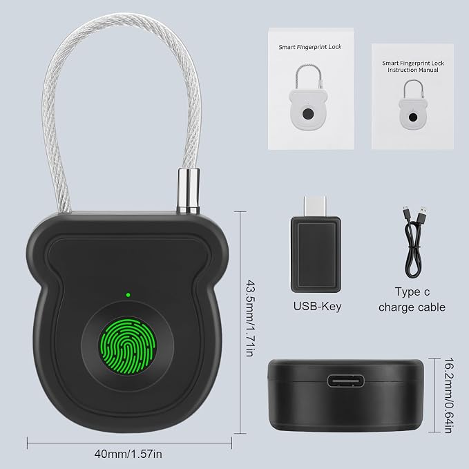 Fingerprint Padlock, Keyless Smart Lock, 0.5s Unlock, 20 Fingerprints, USB-Key, Emergency Unlock Code, Low Power Warning, Anti-Theft for Suitcase, Drawer, Wardrobe - Image 7