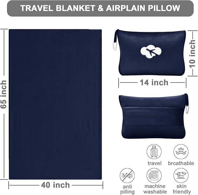 Travel Blanket and Pillow Compact, Premium Soft 2 in 1 Airplane Blanket with Soft Bag Pillowcase，Hand Luggage Sleeve and Backpack Clip (Navy) - Image 2