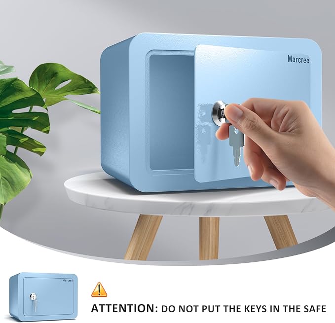 Marcree Mini Safe Box, 0.23 Cub Home Safes for Kids, Blue Small Safe | Money Box with Key Lock, Kids Safe for Money Cash Valueables, Stylish Security Safe for Gifts, 6.69 x 9.06 x 6.69 Inches - Image 4
