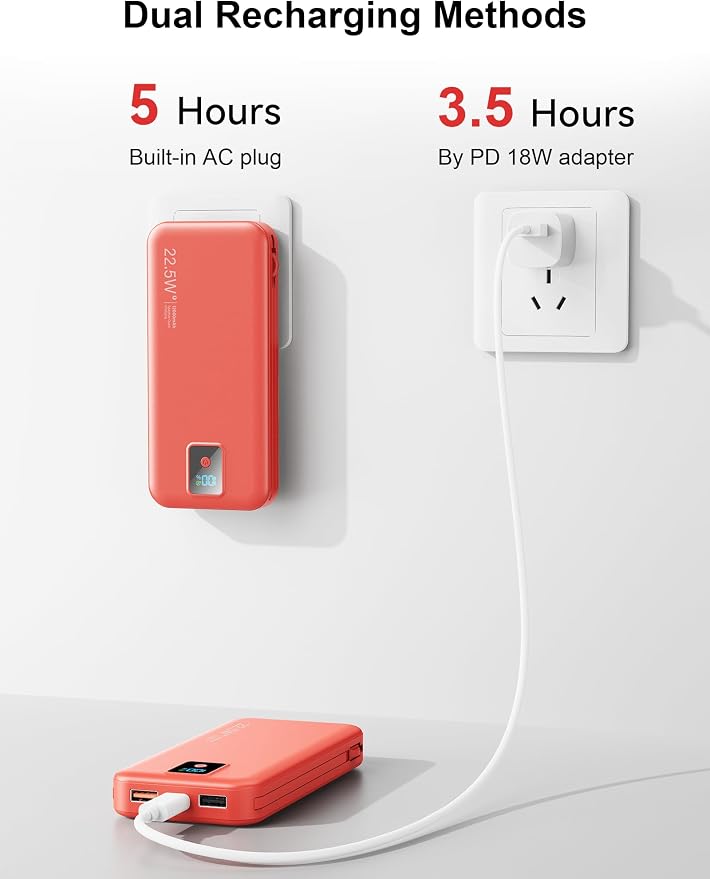 Portable Charger 12000mAh 22.5W w/Built-in Cable & Wall Plug Red | 22.5W fast charging, LED display, Charging 5 devices at once, Pass through charging, TSA approved, Compatible with iPhone - Image 8