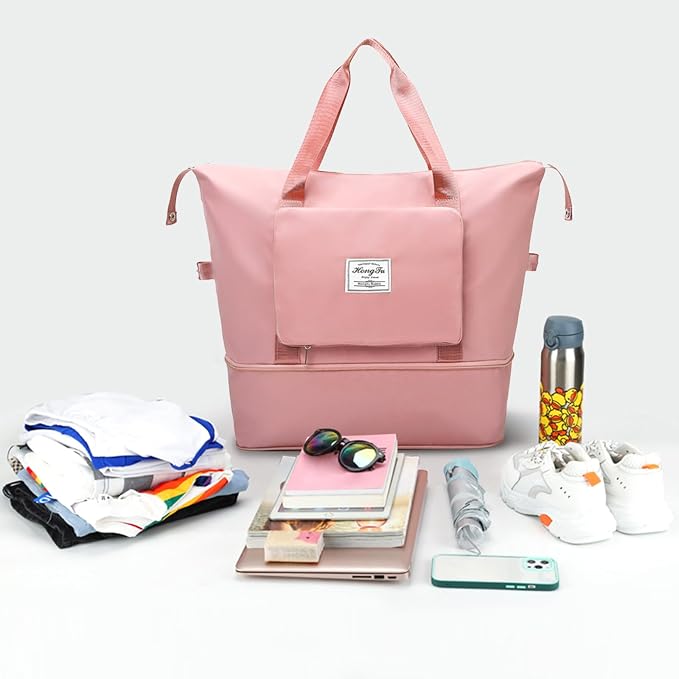 Travel Bag for Women Expandable Weekender Overnight Bag Carry on Sports Tote Gym Bag Waterproof Foldable Duffel Bag (Pink) - Image 9