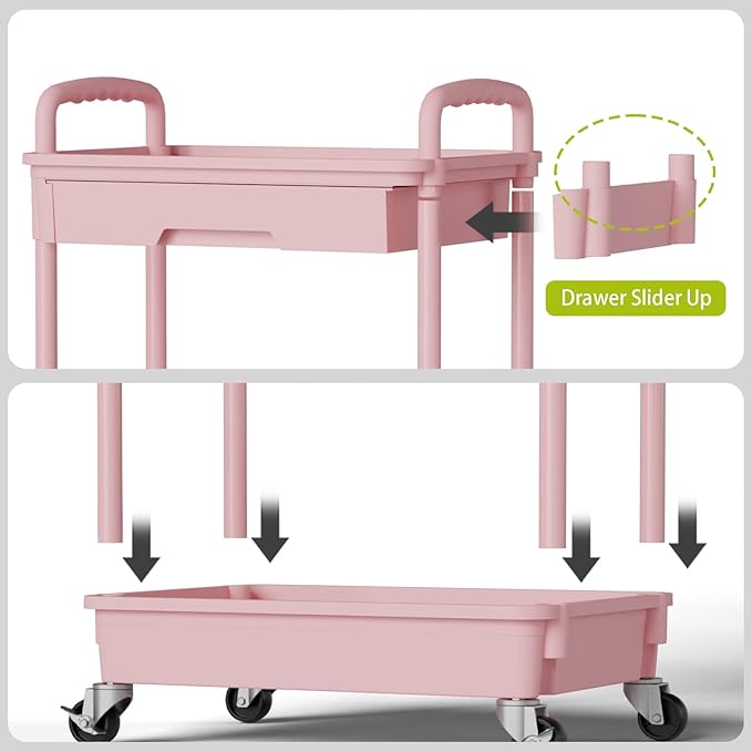 Sorgion 3 Tier Rolling Cart Organizer,Laundry Room Bathroom Organizers and Storage Office Shelves Mobile Shelving Unit Kitchen Trolley Cart with Wheels for Art,Craft,Diaper,Bedside,Snack(Pink) - Image 5