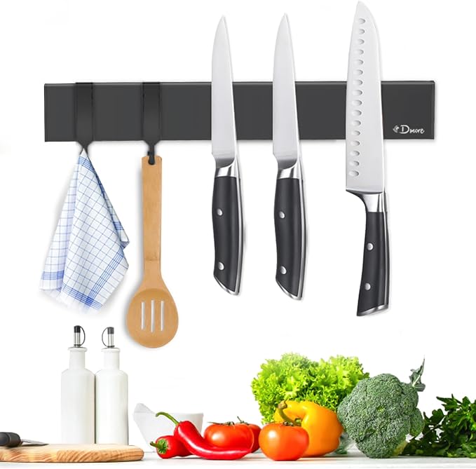 Dmore magnetic knife holder for wall—with 2 hooks, No Drilling 10 Inch black knife magnetic strip, Powerful knife magnet rack, include Adhesive Tape and screws for Knives, Utensils, and Tools by Dmorealwaysdomore