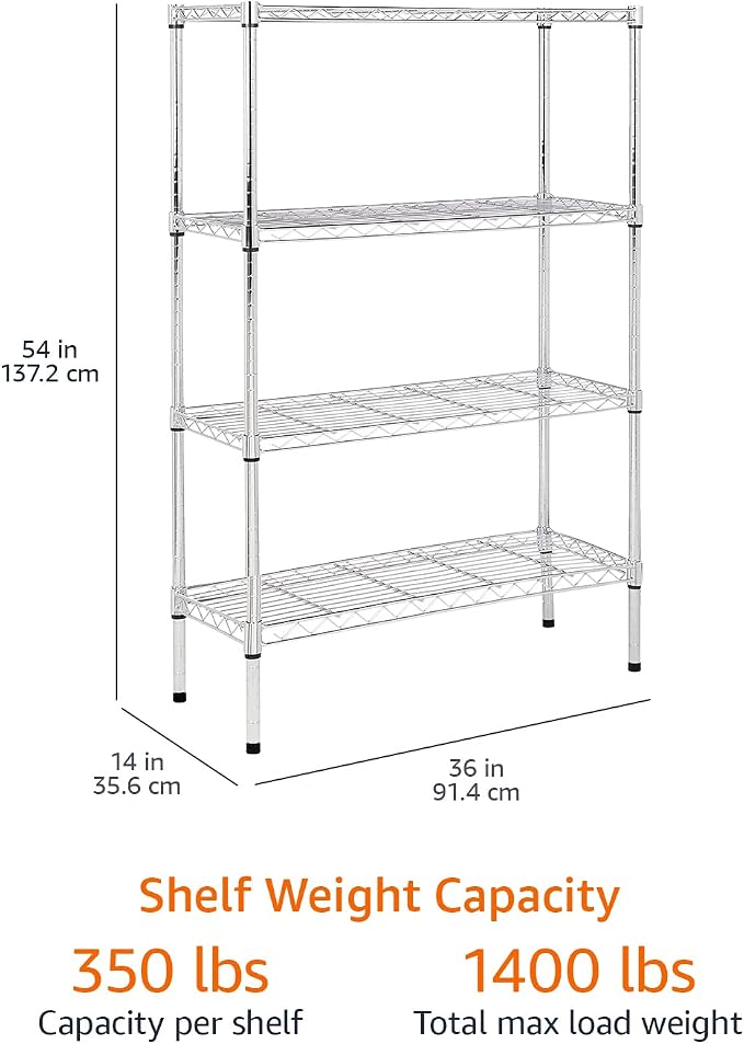 Amazon Basics 4-Shelf Adjustable Heavy Duty Steel Wire Rack Storage Shelving Unit for Kitchen, Garage, Easy Assembly, 350 lbs Per Shelf, 36" x 14" x 54", Chrome Silver - Image 3