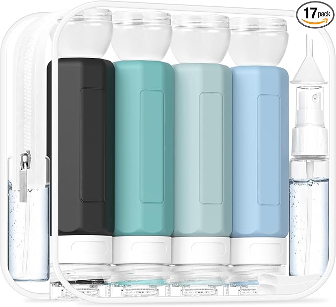 Redfly 17 Pack Travel Bottles for Toiletries, Tsa Approved 3oz Travel Size Containers, Leak Proof Travel Size Toiletries Bottles Silicone, BPA Free Refillable Shampoo Conditioners Kits, Gray by Redfly
