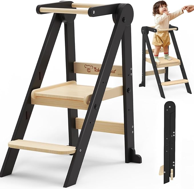 Foldable Toddler Kitchen Stool Helper with 3 Adjustable Heights,Aged 1-6 | CPSC Test,Wooden Collapsible Toddler Tower with Safety Rails&Feet,Wide Pedal,for Kitchen Cooking, Baking or Washing Hands by Unknown