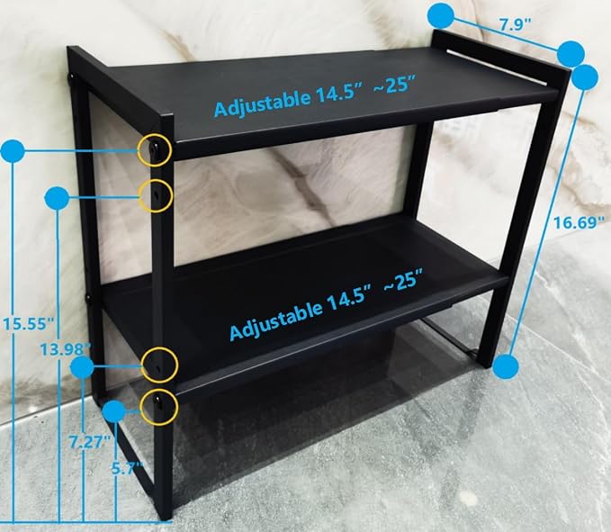 2 Tier Expandable Cabinet Shelf Organizer 14.5-25" L Kitchen Counter Shelf Rack Stand Sink Riser Countertop Storage Black (Normal 7.9”D) - Image 3