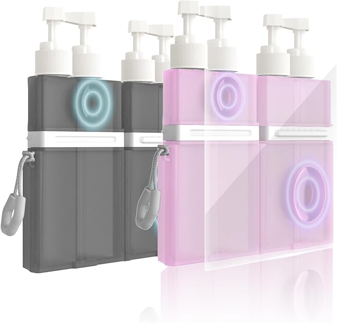 2P 4 in 1 Travel Toiletry Containers,TSA Approved Refillable Travel Size Toiletries Bottles Set with Suction Cup for Smooth Walls - for Shampoo,Conditioner,Body Wash,Lotion. (Pink+Grey) by TechoEcho