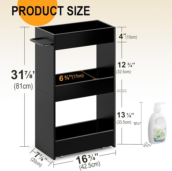 MARTY Slim Rolling Storage Cart 7.9" W Laundry Cart with Wheels,Wood, Black | Narrow Utility Cart Between Washer and Dryer, 3 Tier Mobile Shelving Unit for Kitchen, Laundry, Bathroom, Office, Living Room - Image 6