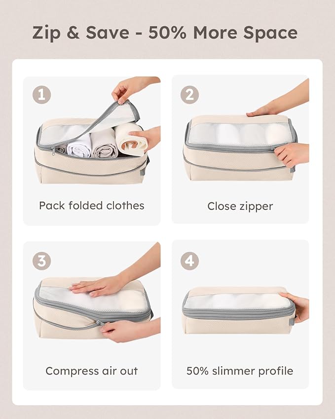 6 Set Compression Packing Cubes for Travel, Bonus Versatile Drawstring Backpack, Lightweight Luggage Organizer Bags, Sturdy Travel Accessories for Suitcase, Beige - Image 4