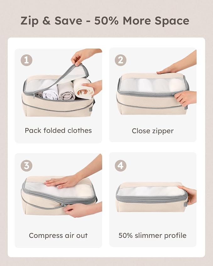 4 Set Compression Packing Cubes for Travel, Bonus Versatile Drawstring Backpack, Lightweight Luggage Organizer Bags, Sturdy Travel Accessories for Suitcase, Beige - Image 2