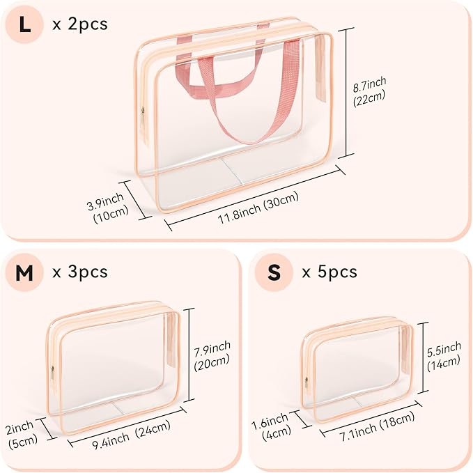 TISRATOK 10 PCS Clear Travel Bags for Toiletries, Clear Makeup Bags （Pink） | 3 Size plastic clear bags with zipper handbag, TSA approved cosmetic pouch for travel, swimsuit,toy storage bags - Image 2