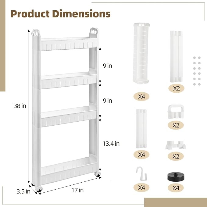 4 Tiers Slim Rolling Storage Cart, 3.5 in Slim Slide Out Bathroom Organizer Cart, Tiered Storage Rack with Wheels, Narrow Mobile Utility Cart for Laundry Room, Kitchen, Office, Sturdy Room - Image 4