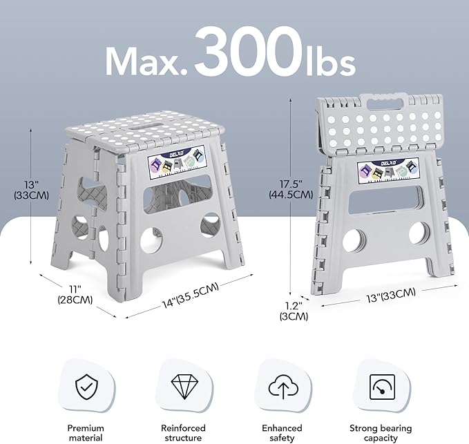 Delxo Folding Step Stool 13 Inch,300 Lbs Step Stool for Adults Grey | Foldable Step Stool 13",Non-Slip Foot Stools with Handle,Lightweight Collapsible stools for Kitchen,Bathroom,Bedroom,Garden - Image 2