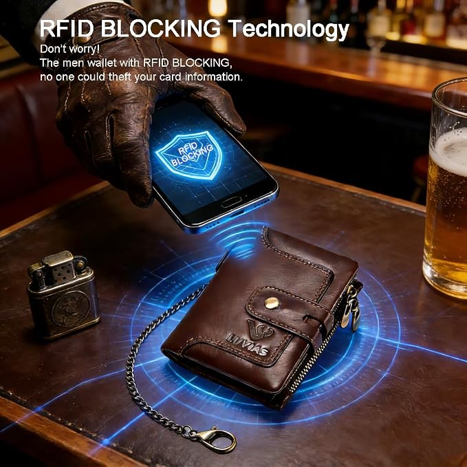 Mens Wallet with Chain Genuine Leather 1 ID Window Purse with RFID Blocking Bifold Double Zipper Coin Pocket - Image 4