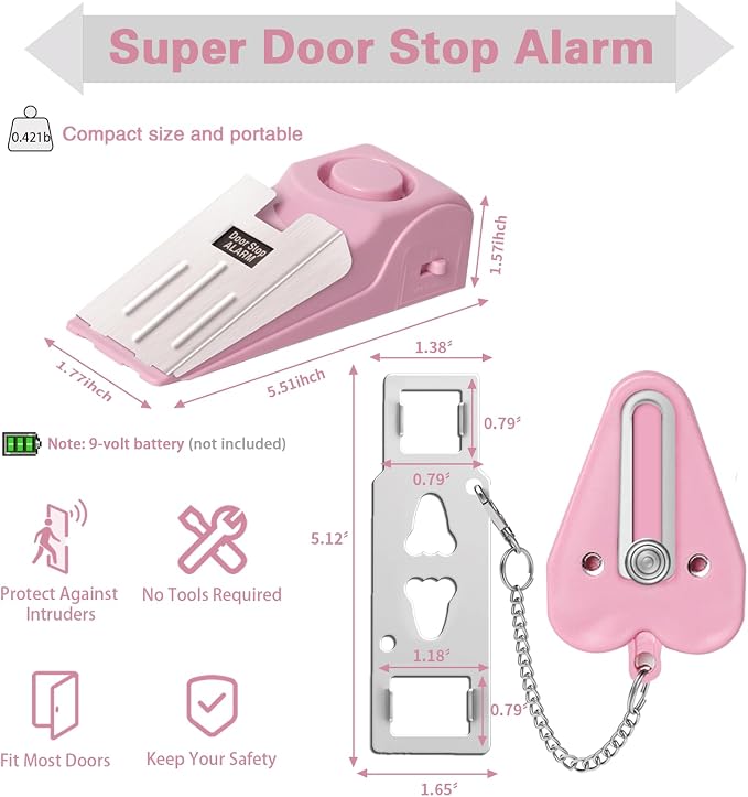 Portable Door Lock & Door Stop Alarm Set, Dual Protection Home Security Door Kit, Travel Hotel Door Lock Devices Pocket Self Defensey Tools for Traveling Hotel Home Apartment,Pink - Image 2