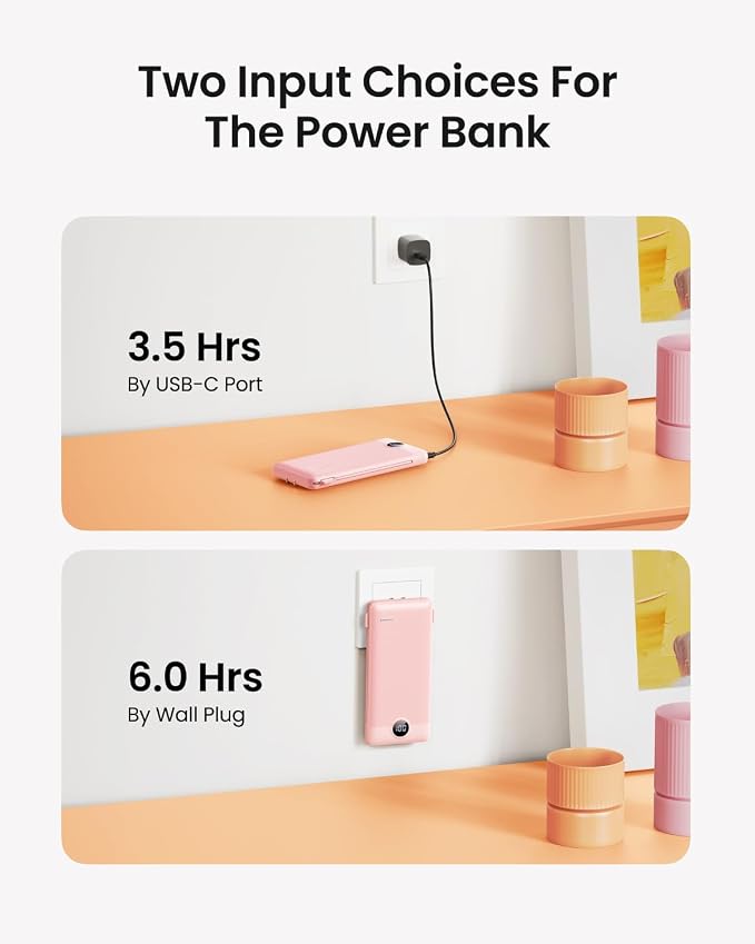 Portable Charger Built-in Cables and Wall Plug, 10000mAh Slim USB C Power Bank, LED Display External Battery Pack Compatible with iPhone/Android & More (Pink) - Image 3