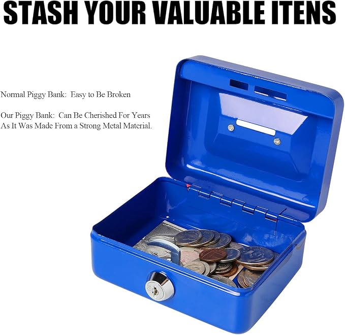 Jssmst Small Cash Box with Lock and Slot, Metal Coin Piggy Bank for Adults and Kids, Blue Locking Money Box - Image 4