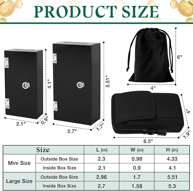 Large and Small Black Acrylic Cash Box for Gambler 2 Pack, Winners Bank with Keys, Slot, Storage Bag, Waist Bag, Portable Casino Money Organizer Safe Lock Box - Image 2