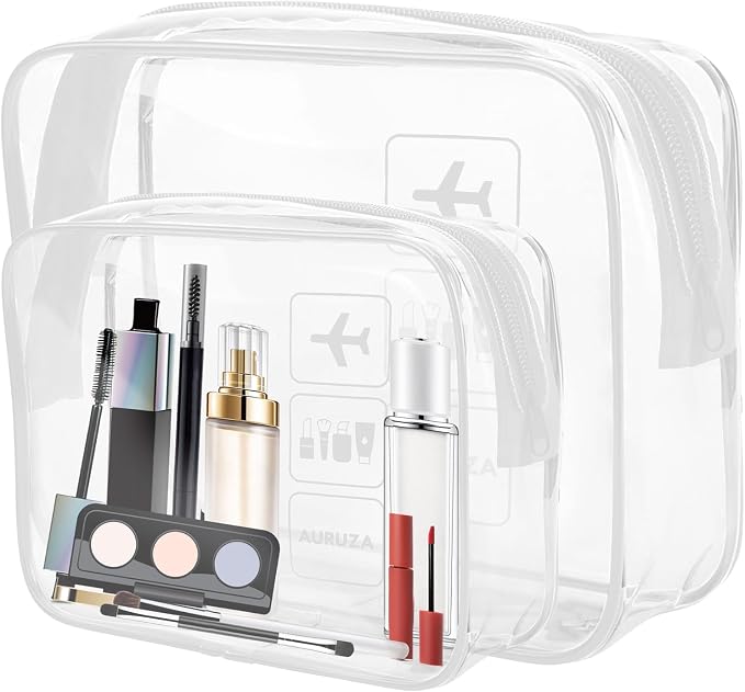AURUZA 2 Pack Travel Toiletry Bag, Clear Makeup Bag, TSA Approved Cosmetic Bag with Zipper, Clear Organizer Carry on Bag for Women, PVC Cosmetic Pouch by AURUZA