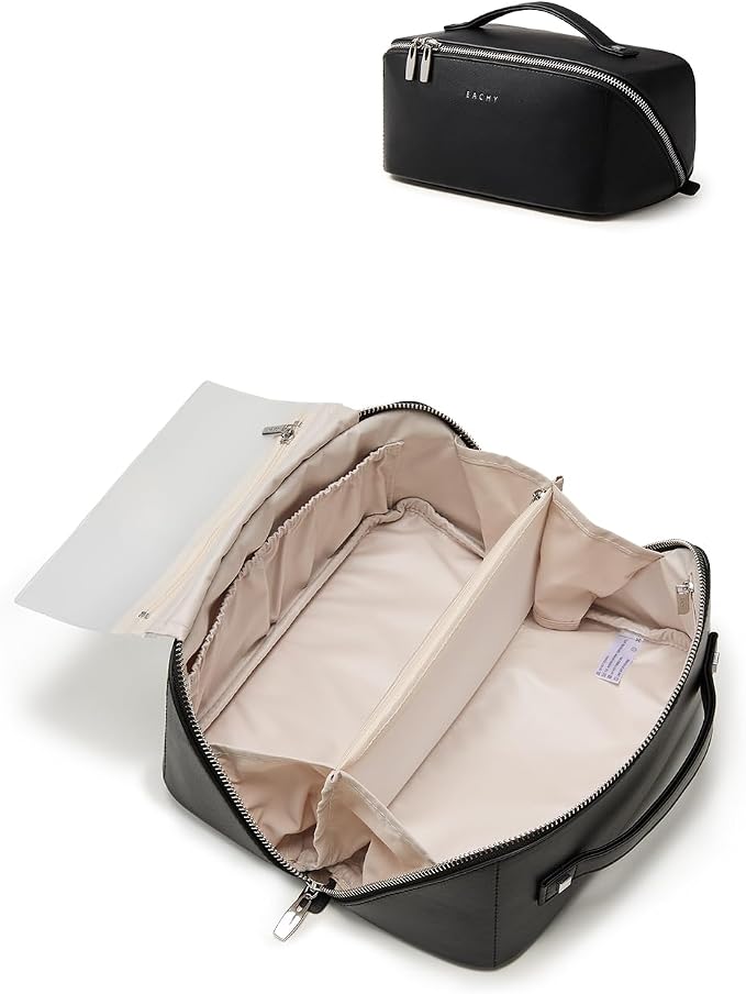 EACHY Travel Makeup Bag for Women, PU Leather Cosmetic Bag, Black, Medium | PU leather organizer opens flat with two TPU brush pockets and divided storage for makeup, skincare, toiletries and travel by EACHY