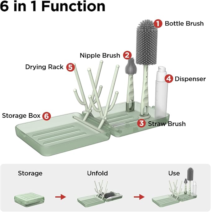 Travel Bottle Brush Set, Foldable Drying Rack, Dispenser | For On-The-Go Parents, 3 Silicone Brushes, Foldable Rack, Dispenser. Drying Slots, BPA-Free. - Image 7