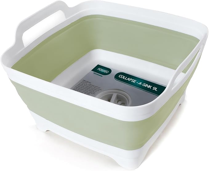 FOSJGO Collapsible Dish Basin with Drain Plug, Foldable Sink, 2.4 Gal (9L) | Space-Saving Wash Basin for Kitchen, Baby Bottles, Vegetable Washing, Camping, RV and Party Beverage Tubs by FOSJGO
