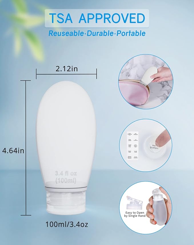 Silicone Travel Bottles for Toiletries TSA Approved Travel Size Containers Set 4 Pack Portable Leak Proof Refillable Cosmetic Squeeze Bottles Shampoo Hair Conditioner Body Lotion Bath Shower Gel - Image 3