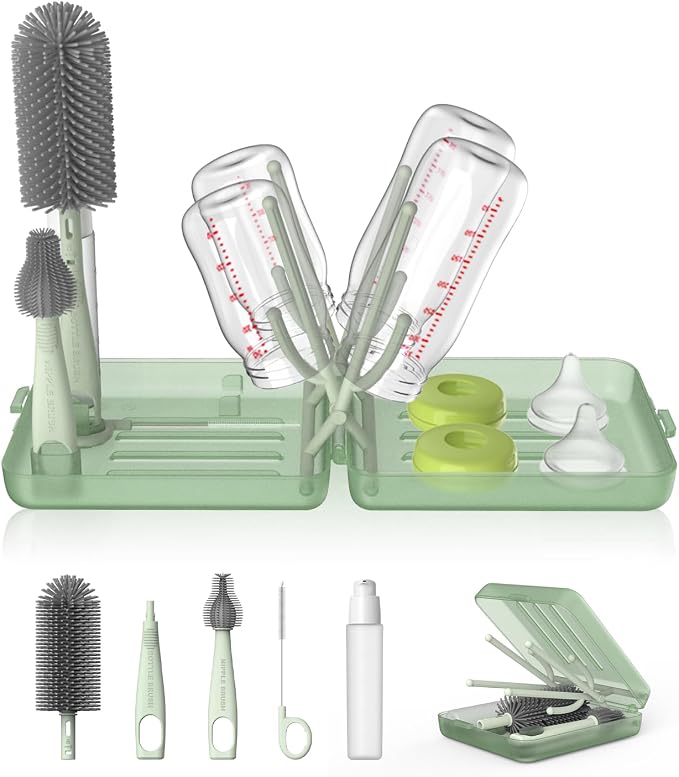 Travel Bottle Brush Set, Foldable Drying Rack, Dispenser | For On-The-Go Parents, 3 Silicone Brushes, Foldable Rack, Dispenser. Drying Slots, BPA-Free. by YOTIME