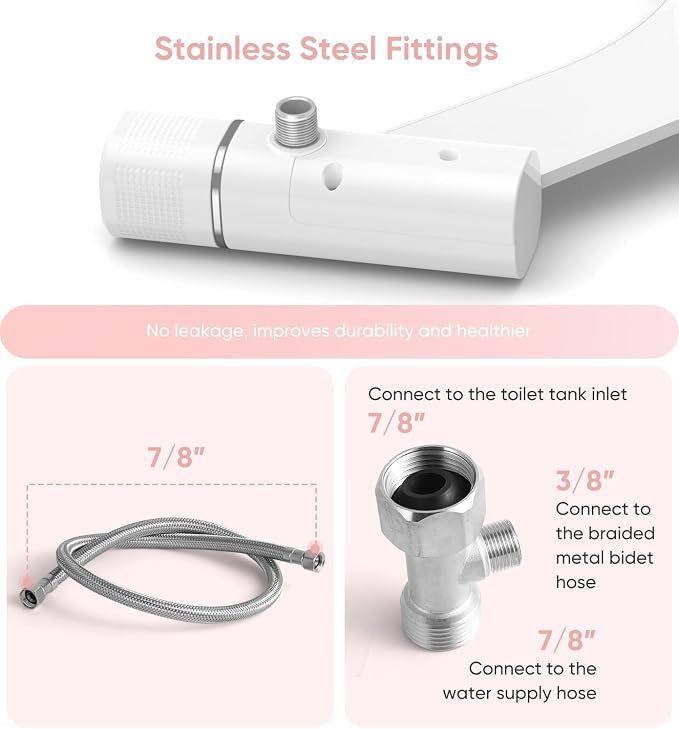 Ultra-Slim Bidet Attachment, Posterior&Feminine Wash-(Retractable Dual Nozzles), Non-Electric Bidet Attachment for Toilet Seat, Adjustable Fresh Cold Water Pressure, Stainless Steel Inlet (White) - Image 4