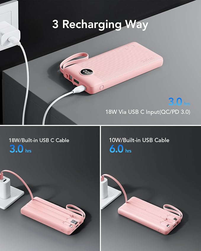 VRURC 22.5W 10000mAh Fast Charging Power Bank Built‑in 4 Cables | Portable Charger Slim,Travel Battery Pack for iPhone, Samsung & Multi Devices, Pocket‑Friendly with Lanyard-Pink(1 Pack) - Image 6