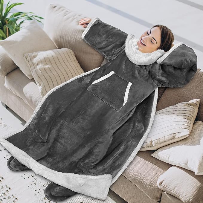 PAVILIA Sherpa Blanket with Sleeves, Foot Pocket for Women Men Adults, Thick Wearable Blanket Throw Wrap, Fleece Warm Snuggle Blanket Robe, Cozy Gift Ideas Wife Mom, Dark Gray - Image 3