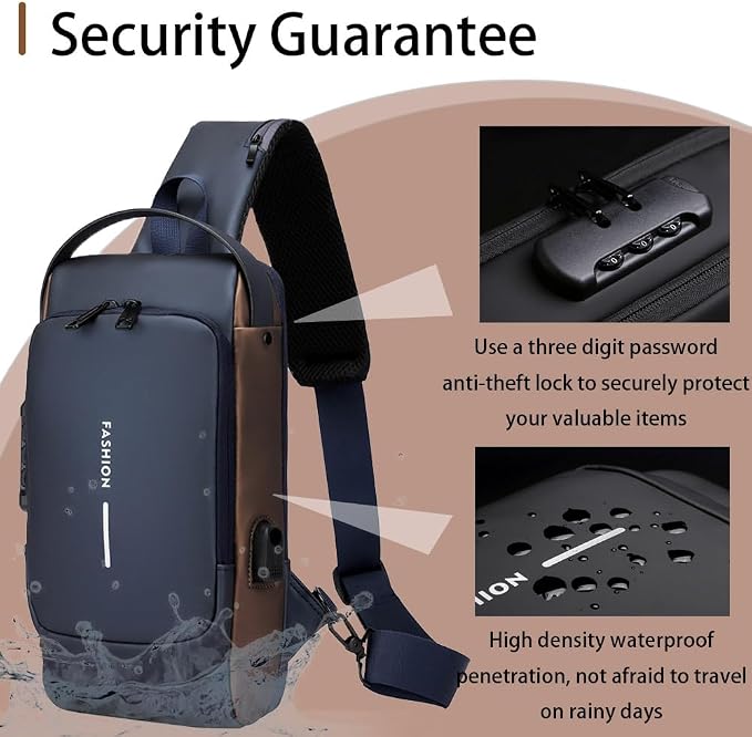 Travel Sling Bag Waterproof Crossbody Bag with Combination Lock Anti-Theft PU Leather Chest Bag with USB Charging Hole Shoulder Backpack Motorcycle Bags Blue - Image 8