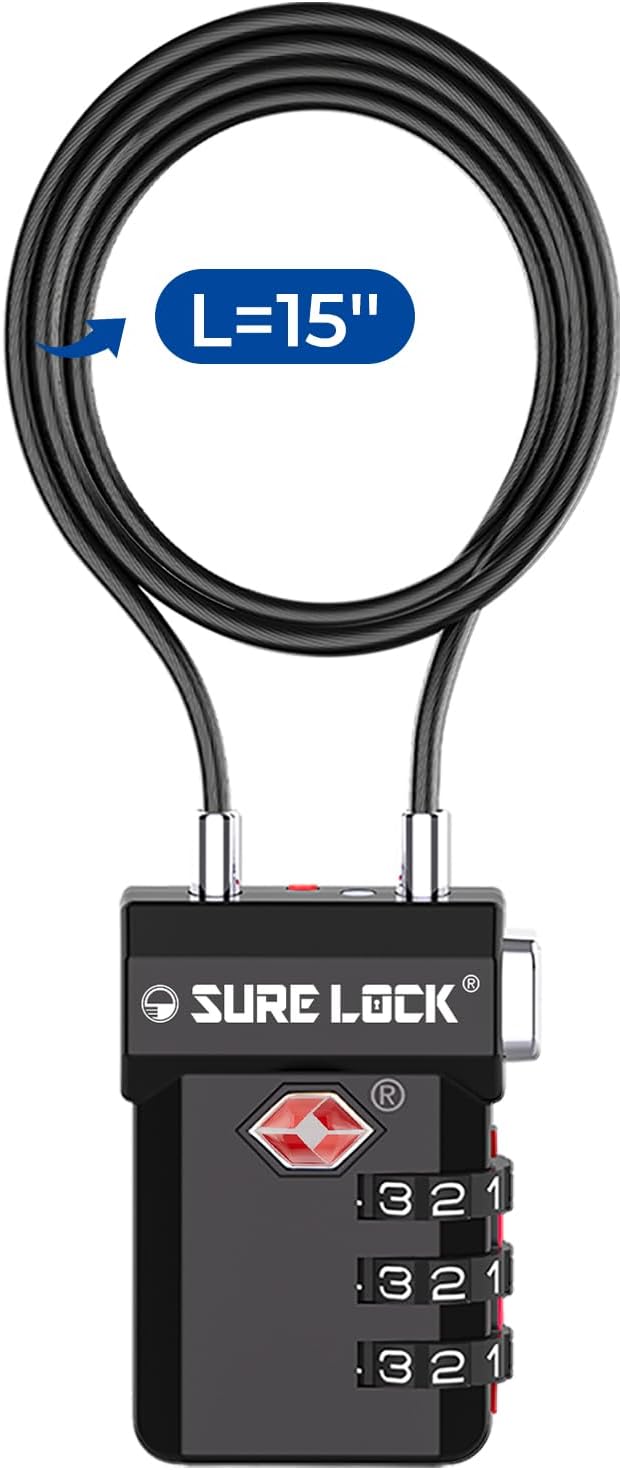 SURE LOCK TSA Approved Luggage Locks with Open Alert Indicator, 3 Digit Combination Cable Travel Lock for Suitcase, Backpack, Gym Locker, Toolbox, Carry On & Travel Bag by Hopeyoucanstaysafe