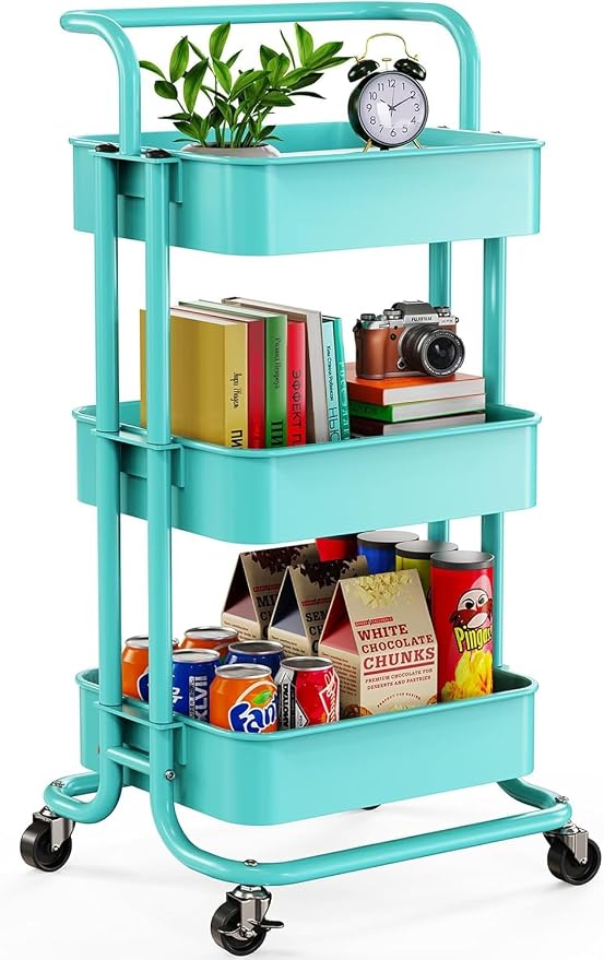 Pipishell Metal 3 Tier Rolling Cart with Handle & Wheels, Turquoise | Four Large 2" Wheels for Easier Movement, Sturdy Metal, Hold 22 lbs per Shelf, Ventilated Mesh Design, for Office and Kitchen by Pipishell