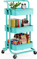 Pipishell Metal 3 Tier Rolling Cart with Handle & Wheels, Turquoise | Four Large 2" Wheels for Easier Movement, Sturdy Metal, Hold 22 lbs per Shelf, Ventilated Mesh Design, for Office and Kitchen by Pipishell