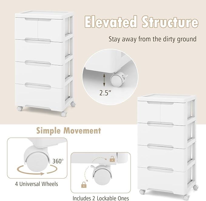 Plastic Storage Drawer Cart, Mobile Utility Cart, Home Craft Organizer with 5 Drawers & Lockable Wheels, Slim Rolling Storage Cart for Living Room, Bathroom, Dorm & Office (16”L x 13”W x 31”H) | Lockable wheels, robust PP build, slim space-saving profi... - Image 6
