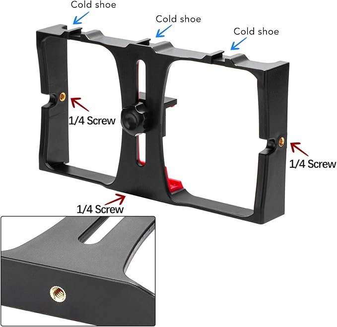 Smartphone Video rig, 1/4 inch Screw, Handheld Cell Phone stabilizer, Phone Video Camera cage, Support Microphone and LED Video Light, for Live Streaming vlog(red) - Image 3