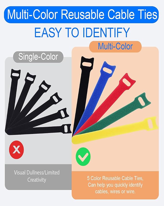 120 PCS 6 Inches Reusable Cable Ties, 5 Colors Adjustable Cord Organizer, Hook and Loop Wire Ties for Cable Management, Multi-Purpose Cord Wraps for Home, Office, and Desk - Image 3