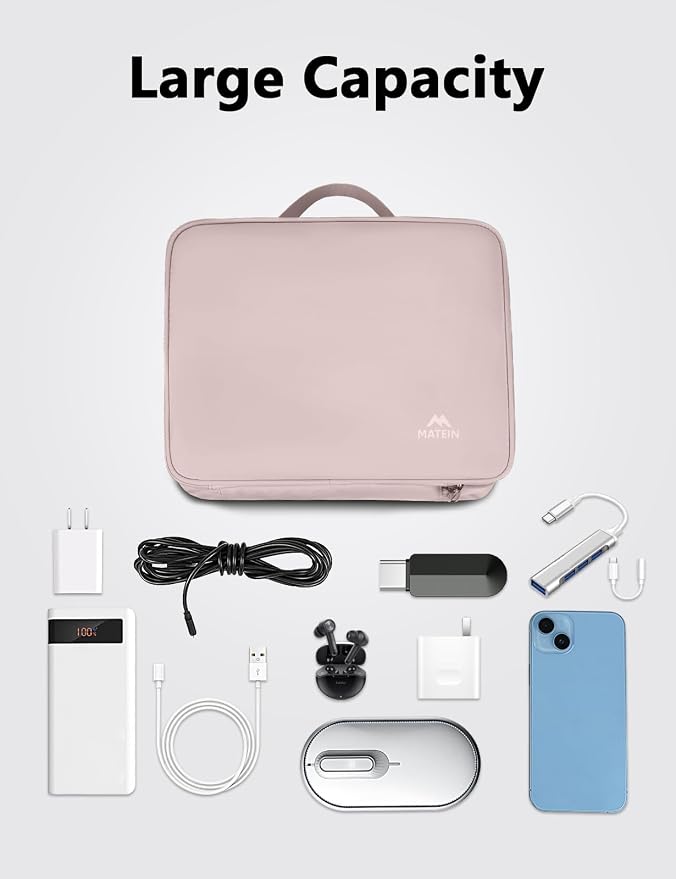 MATEIN Travel Cord Organizer for Women, Large Tech Storage Bag, Soft Pink | Water Resistant, Electronic Accessories Case with Handle, for Cord, Cables, Cellphone, Tablet (Up to 12.9inch), Powerbank - Image 2
