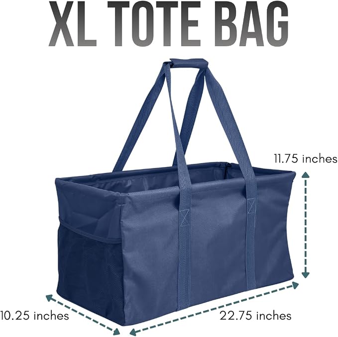 Extra Large Utility Tote Bag - Oversized Collapsible Reusable Wire Frame Rectangular Canvas Basket With Two Exterior Pockets For Beach, Pool, Laundry, Car Trunk, Storage - Navy Blue - Image 4