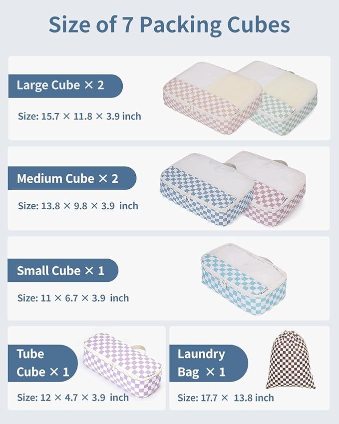 Narwey 7 Set Checkered Packing Cubes for Travel Kids Women, Durable Packing Organizer Bags for Carry on Suitcase Luggage Travel Essentials Accessories (Combined Checkerboard) - Image 3